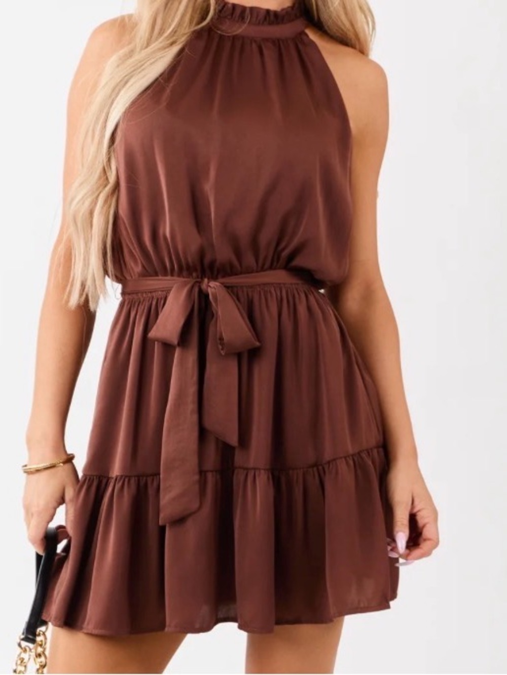 Satin Boutique High Neck Brown Dress with Tie